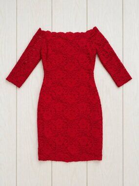 GBG Los Angeles Women’s XL Red Floral Lace Off Shoulder Sheath Dress